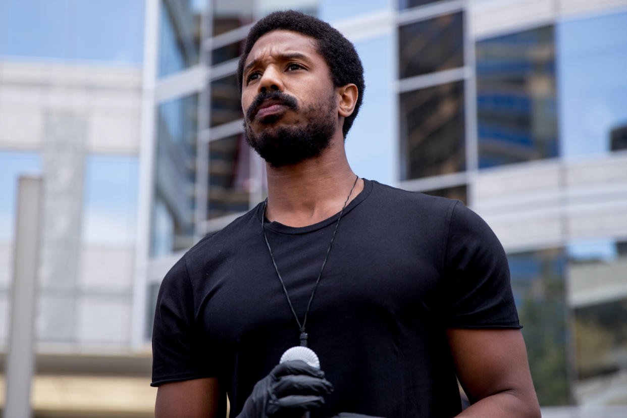 BEVERLY HILLS, CALIFORNIA - JUNE 06: Michael B. Jordan participates in the Hollywood talent agencies march to support Black Lives Matter protests on June 06, 2020 in Beverly Hills, California. (Photo by Rich Fury/Getty Images)