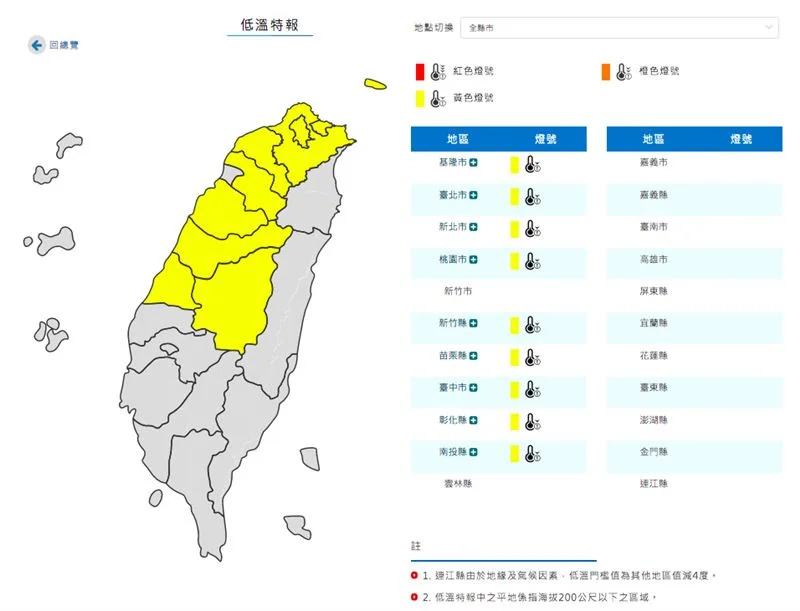 氣象署對全台9縣市發布低溫特報。明後日恐更冷。（圖／翻攝自氣象署官網）