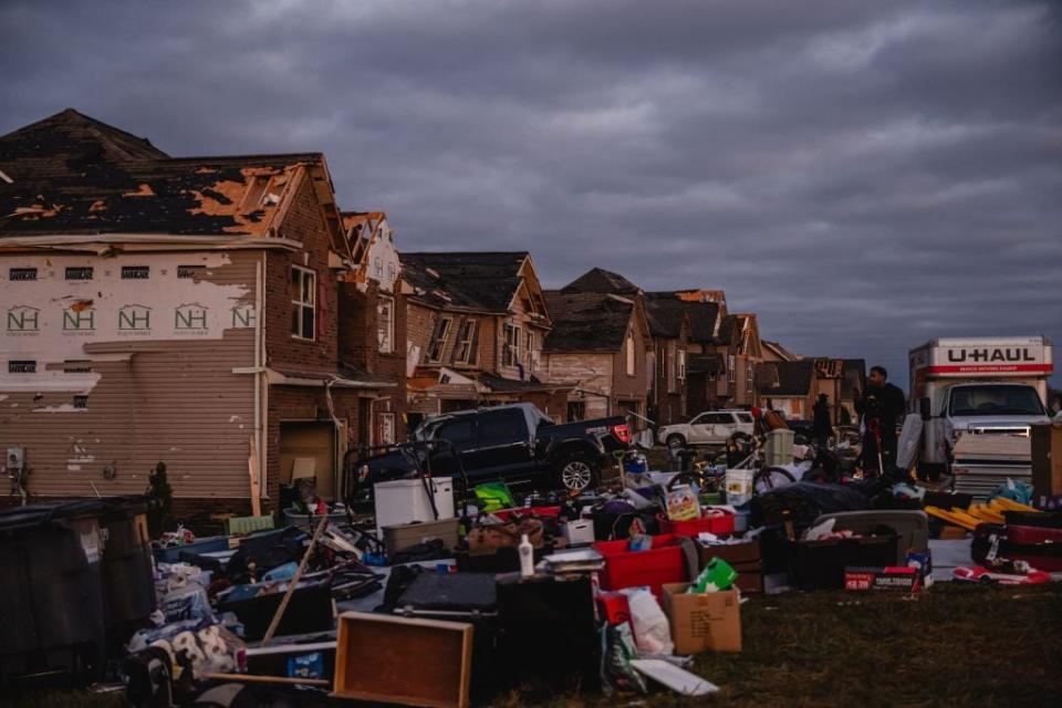 Rows of heavily damaged homes are seen in the aftermath of a tornado on Dec. 10, 2023, in Clarksville, Tennessee.