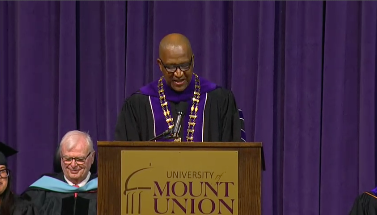 University of Mount Union President Gregory L. King speaks May 12, 2023, during his inauguration ceremony as the university's 14th president.