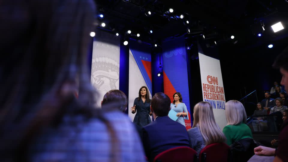 Members of the audience watch Nikki Haley speak during CNN’s Republican town hall on Thursday. - Rebecca Wright/CNN
