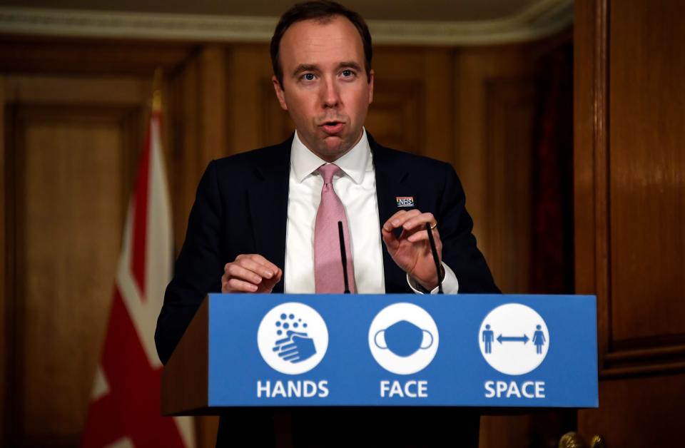 Britain's Health Secretary Matt Hancock attends a remote press conference to update the nation on the COVID-19 pandemic, inside 10 Downing Street in central London on November 30, 2020. - Britain has been Europe's worst-hit country during the pandemic, recording more than 57,000 deaths from some 1.6 million cases. (Photo by Alberto Pezzali / POOL / AFP) (Photo by ALBERTO PEZZALI/POOL/AFP via Getty Images)