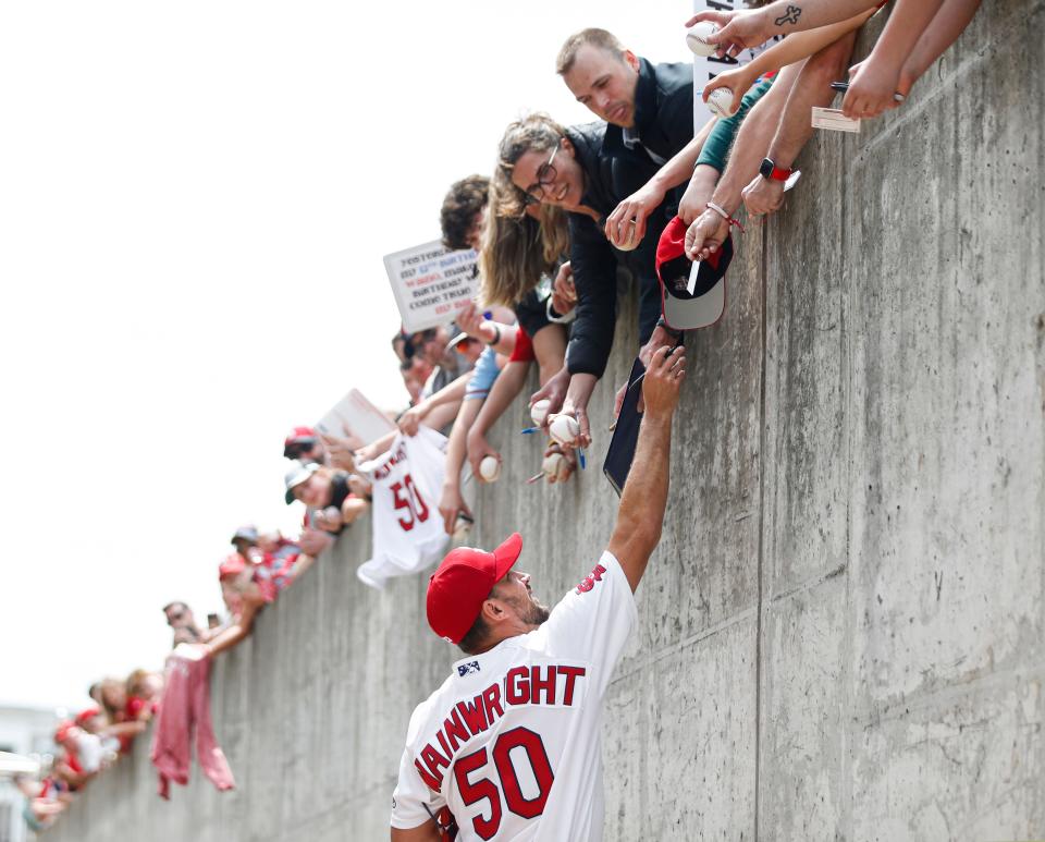 St. Louis Cardinals pitcher Adam Wainwright signs autographs after making a rehab appearance with the Springfield Cardinals at Hammons Field on Wednesday, April 19, 2023. Wainwright threw 59 pitches over 3 innings.