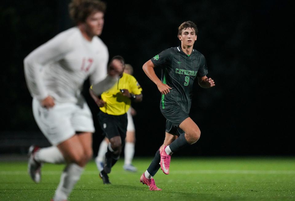 Cathedral's Calvin Kurzawa (9) watches game action during the second half of a match Thursday, Sept. 7, 2023, at FC Pride Performance Center in Indianapolis. Cathedral and Center Grove tied, 2-2.