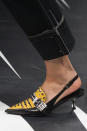 <p><i>Yellow and black slingback studded heels from the SS18 Prada collection. (Photo: ImaxTree) </i></p>