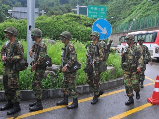 South Korean army soldiers stage a military drill to test defences against North Korea in Seoul on August 20. The US and South Korean militaries on Monday began a two-week exercise aimed at testing defences against the communist North