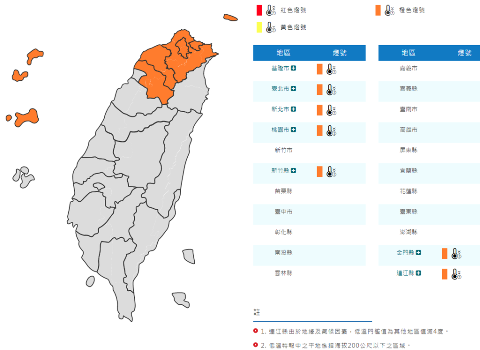 北北基7縣市低溫特報。(翻攝自氣象署)