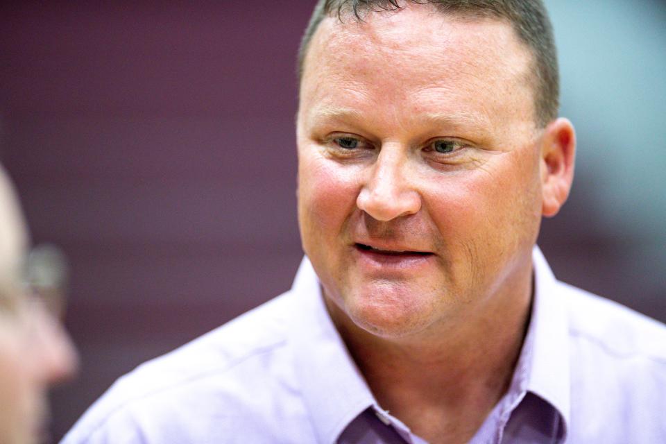 Warner Middle School Principal Jeremy Jackson attends an April 26 roundtable at the Warner Public School Event Center in Warner.