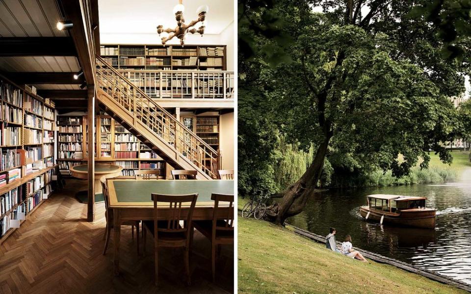 From left: The library at the Latvian National Museum of Art, in Riga; a boat on Riga’s City Canal, a former moat that was once used to protect the center of the city from invaders.