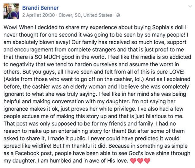 Ms Benner thanked everyone for their support on her original post. Photo: Facebook / Brandi Benner