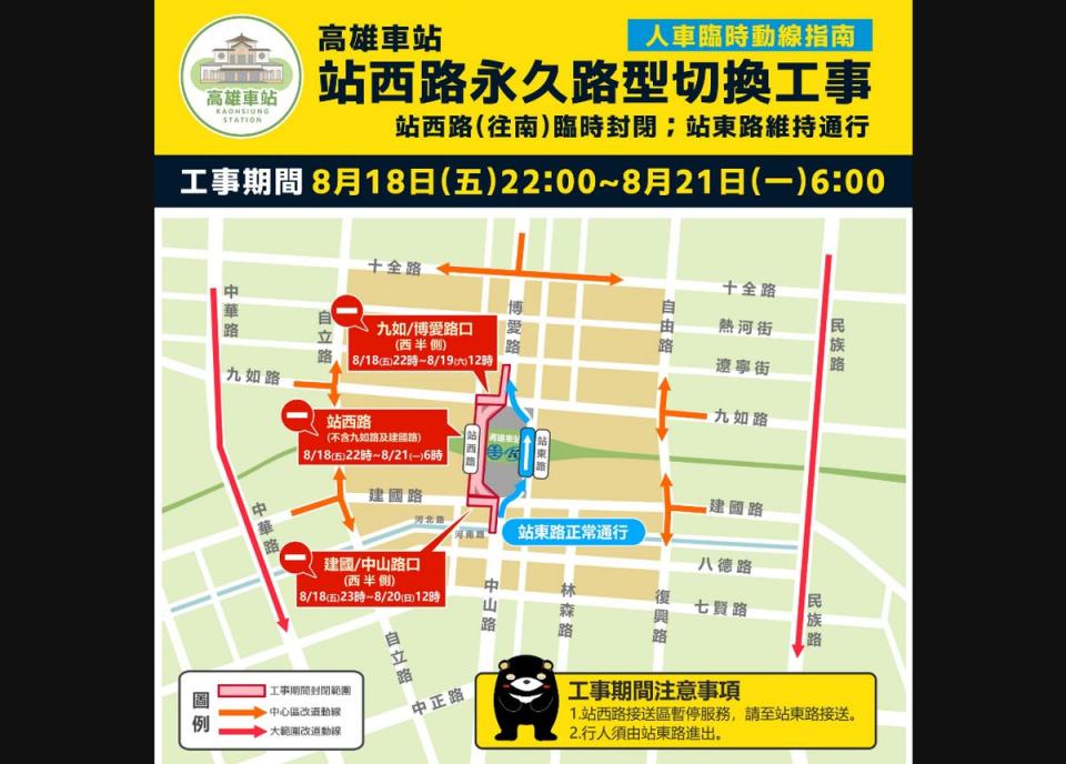 台鐵高雄車站「站西路」8月18日22時起施工封閉3天。（圖：高雄市交通局提供）