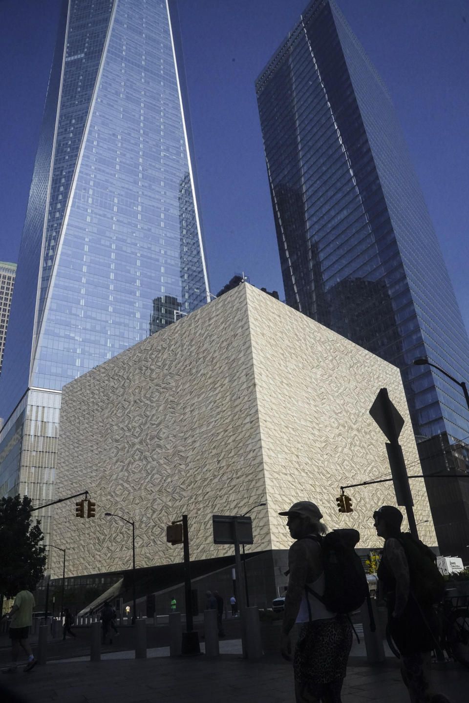 A box-shaped building, center, wrapped in translucent marble panels, is home to the new Perelman Performing Arts Center theater complex on the grounds of the World Trade Center, Wednesday, Sept. 6, 2023, in New York. (AP Photo/Bebeto Matthews)