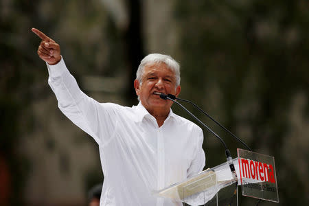 Andres Manuel Lopez Obrador, leader of the National Regeneration Movement (MORENA), delivers a speech during his rally at Mexican revolution monument in Mexico City, Mexico September 3, 2017. REUTERS/Carlos Jasso