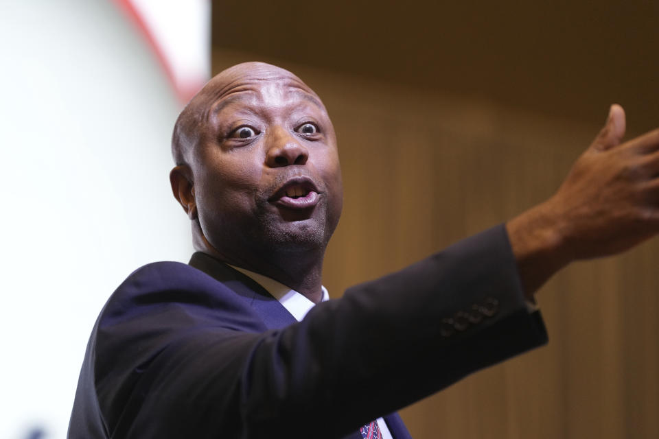 Sen. Tim Scott, R-S.C. speaks at the Vision '24 conference on Saturday, March 18, 2023, in North Charleston, S.C. Organizers are describing the gathering as “casting the conservative vision" for the next White House race. (AP Photo/Meg Kinnard)