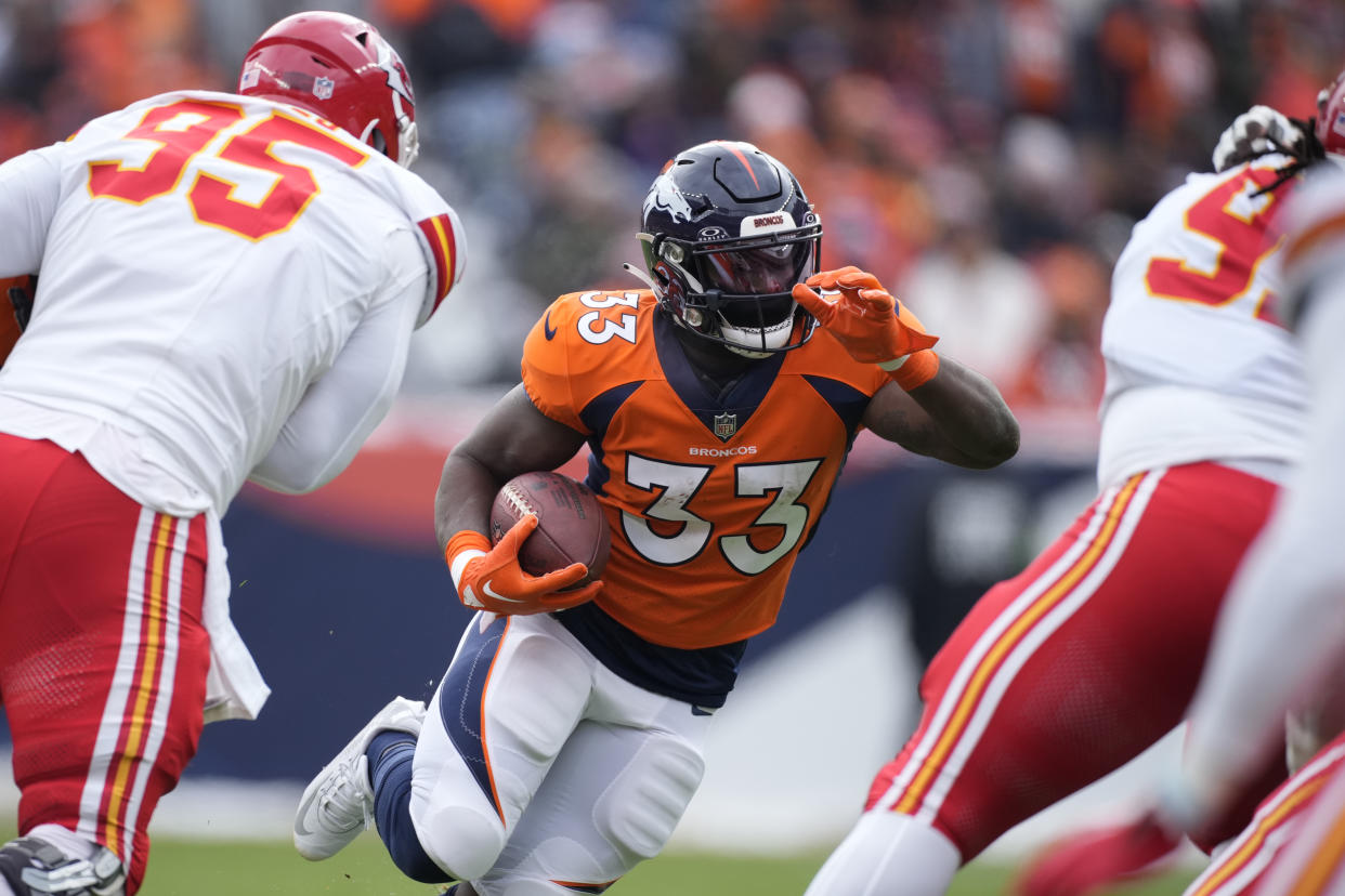 Denver Broncos running back Javonte Williams hasn't had a huge fantasy game yet, but signs point to him having a strong second half. (AP Photo/David Zalubowski)