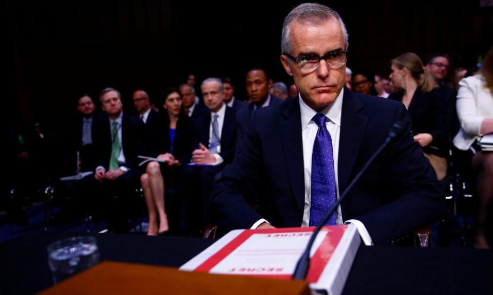 Andrew McCabe arrives to testify before the Senate intelligence committee in May 2017.