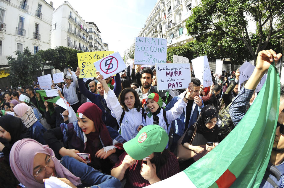 Hundreds of students gather in central Algiers to protest Algerian President Abdelaziz Bouteflika's decision to seek fifth term, Tuesday, March 6, 2019. Algerian students are gathering for new protests and are calling for a general strike if he doesn't meet their demands this week. (AP Photo/Fateh Guidoum)