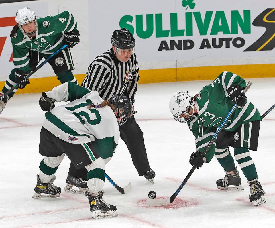 Duxbury forward #12 Madeleine Greenwood  and Canton #3 Joanna Vigevani face off.
The Duxbury High girls hockey team won the Division 2 state championship at TD Garden after defeating Canton on Sunday March 19, 2023