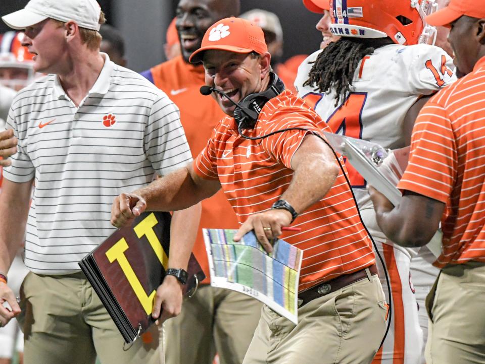 Clemson head coach Dabo Swinney reacts after Clemson linebacker Wade Woodaz (17) blocked a punt, the team's second of the night, during the fourth quarter at the Mercedes-Benz Stadium in Atlanta, Georgia Monday, September 5, 2022.