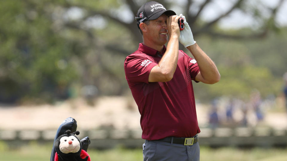 Padraig Harrington with a rangefinder during the 2021 PGA Championship in South Carolina