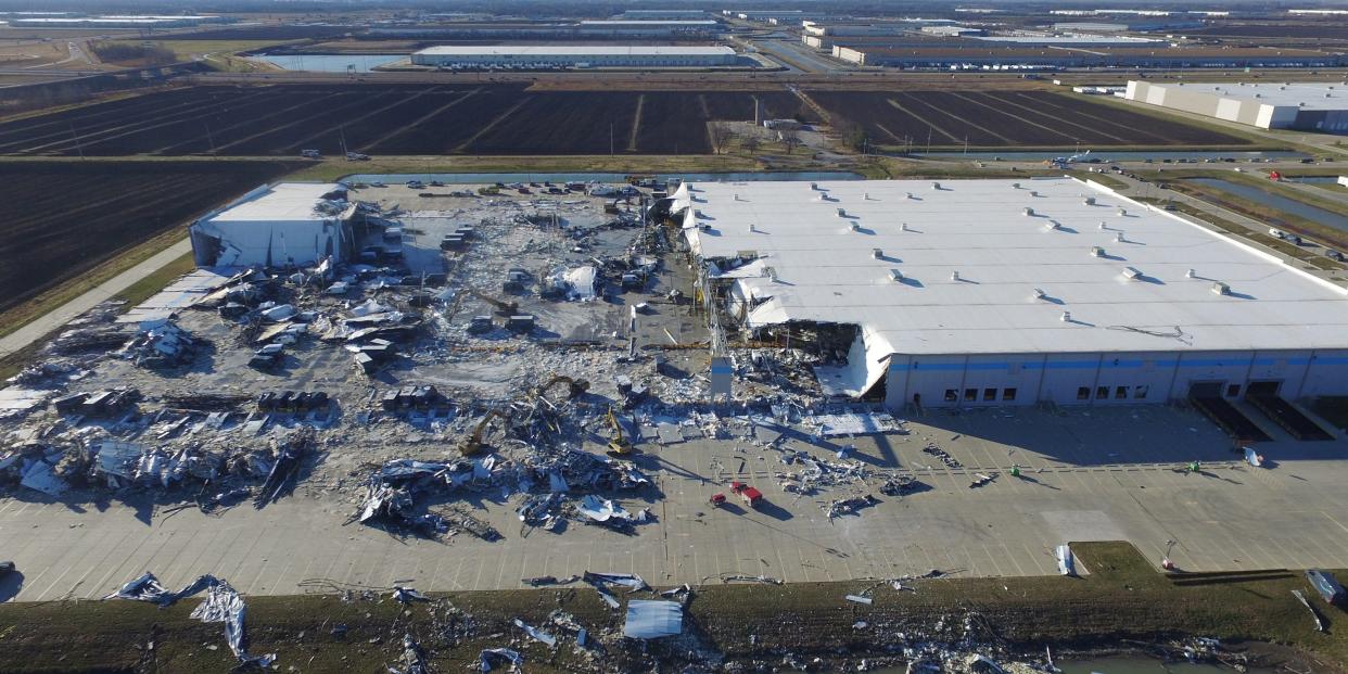 The site of a roof collapse at an Amazon.com distribution centre a day after a series of tornadoes dealt a blow to several U.S. states, in Edwardsville, Illinois, U.S. December 11, 2021.