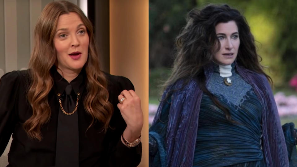 A side by side of Drew Barrymore on her talk show and Kathryn Hahn as Agatha Harkness.