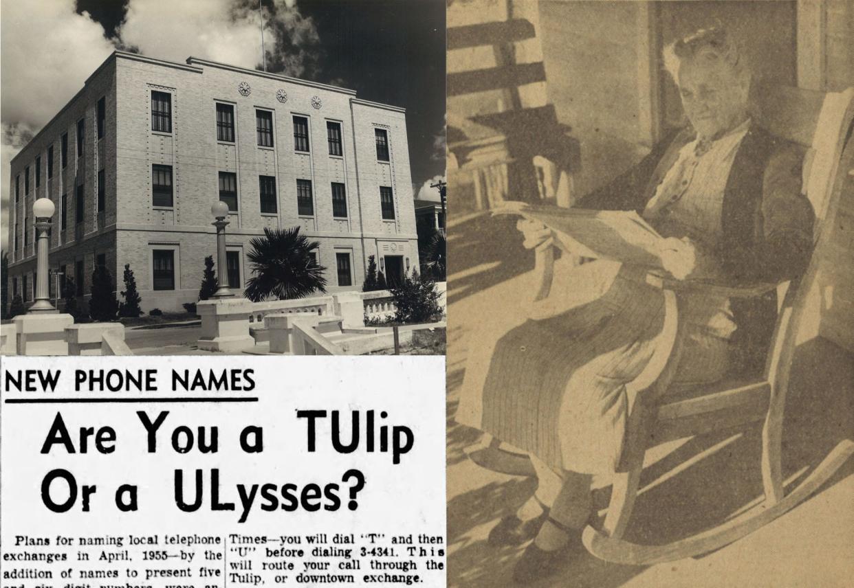 TOP LEFT: The Southwestern Bell building at 406 N. Carancahua St. in Corpus Christi around 1940. BOTTOM LEFT: An article from the June 18, 1954, Corpus Christi Times on the new telephone exchange names. RIGHT: Johanna Luther in February 1947, reminiscing about her days as a Corpus Christi telephone operator and then office manager for the telephone company in the 1890s.