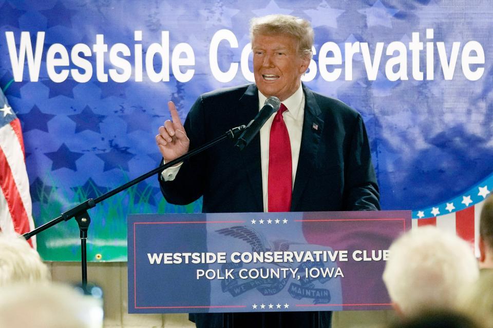 Former President Donald Trump speaks at the Westside Conservative Breakfast, Thursday, June 1, 2023, in Des Moines, Iowa. (AP Photo/Charlie Neibergall)