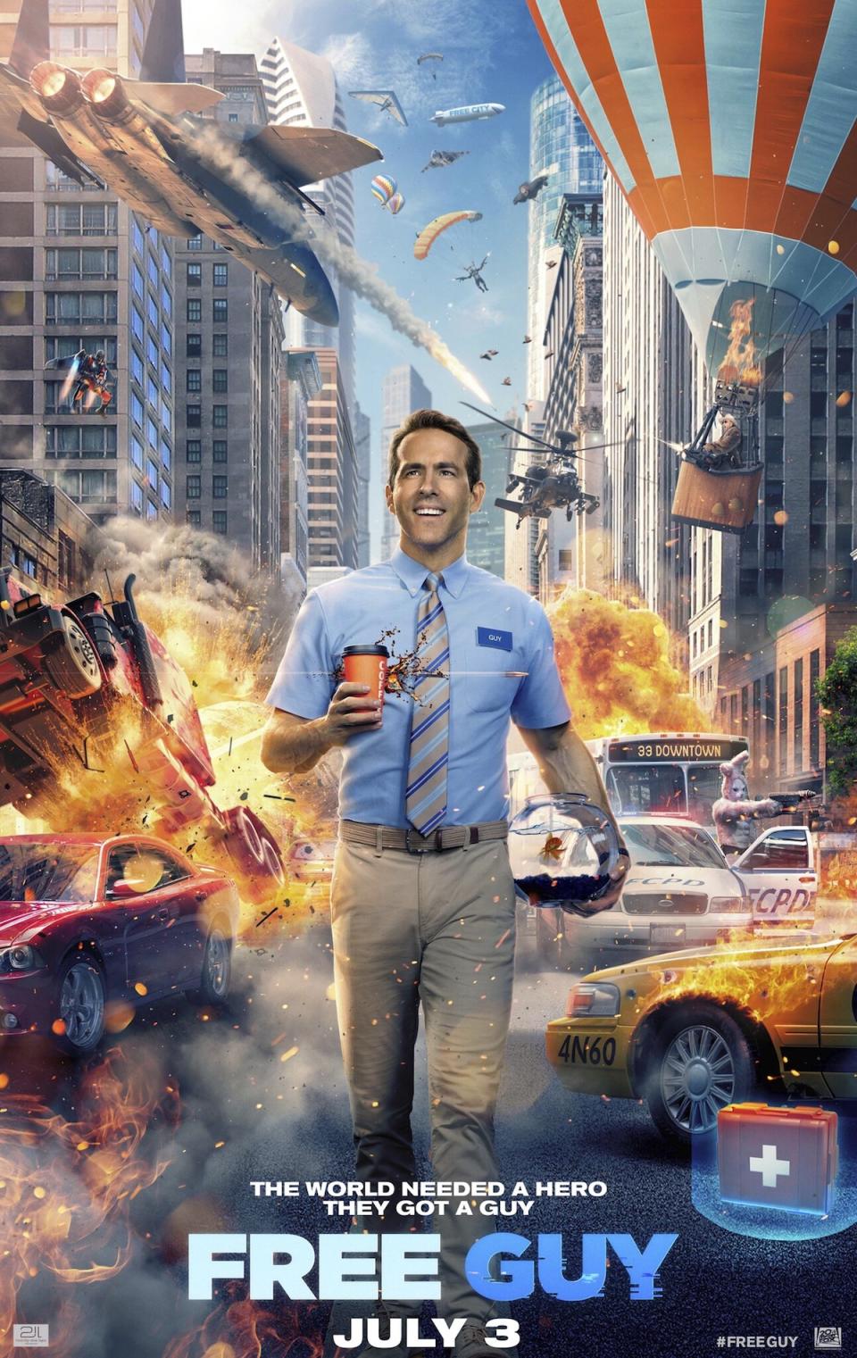 Ryan Reynolds in the Free Guy poster as chaos swirls around him