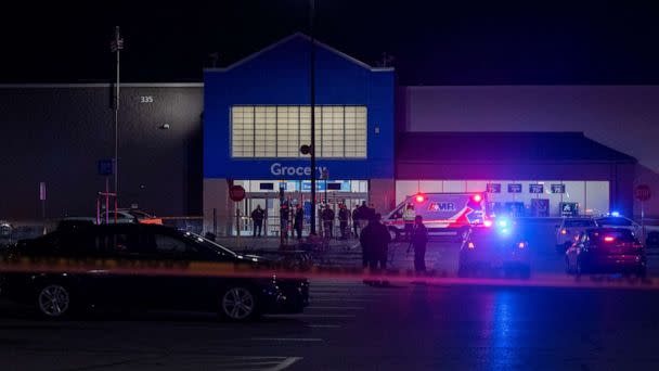 PHOTO: Emergency responders work the scene of a shooting at the West Side Walmart located at 335 S. Red Bank Road in Evansville, Ind., Jan. 20, 2023. (MaCabe Brown/Courier & Press via USA Today Network)