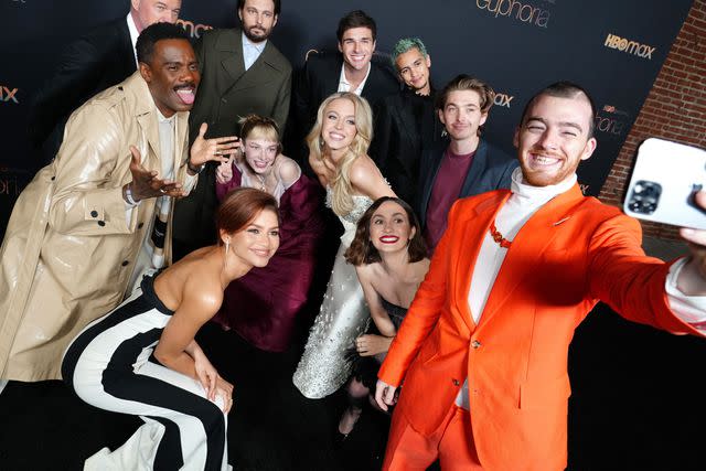 <p>Jeff Kravitz/FilmMagic</p> Angus Cloud with his season 2 'Euphoria' castmates in January 2022 at Goya Studios