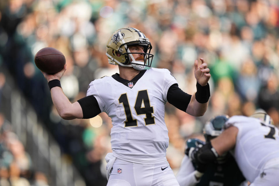 New Orleans Saints quarterback Andy Dalton (14) passes in the second half of an NFL football game against the Philadelphia Eagles in Philadelphia, Sunday, Jan. 1, 2023. (AP Photo/Matt Slocum)