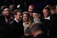 French President Emmanuel Macron and Rabbi Israel Meir Lau Chairman of the Yad Vashem Council attend the World Holocaust Forum marking 75 years since the liberation of the Nazi extermination camp Auschwitz, at Yad Vashem Holocaust memorial centre in Jerusalem January 23, 2020. (Ronen Zvulun, Pool via AP)