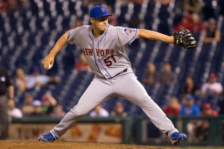 Apr 11, 2017; Philadelphia, PA, USA; New York Mets pitcher Paul Sewald (51) throws during the ninth inning against the Philadelphia Phillies at Citizens Bank Park. The New York Mets won 14-4. Mandatory Credit: Bill Streicher-USA TODAY Sports