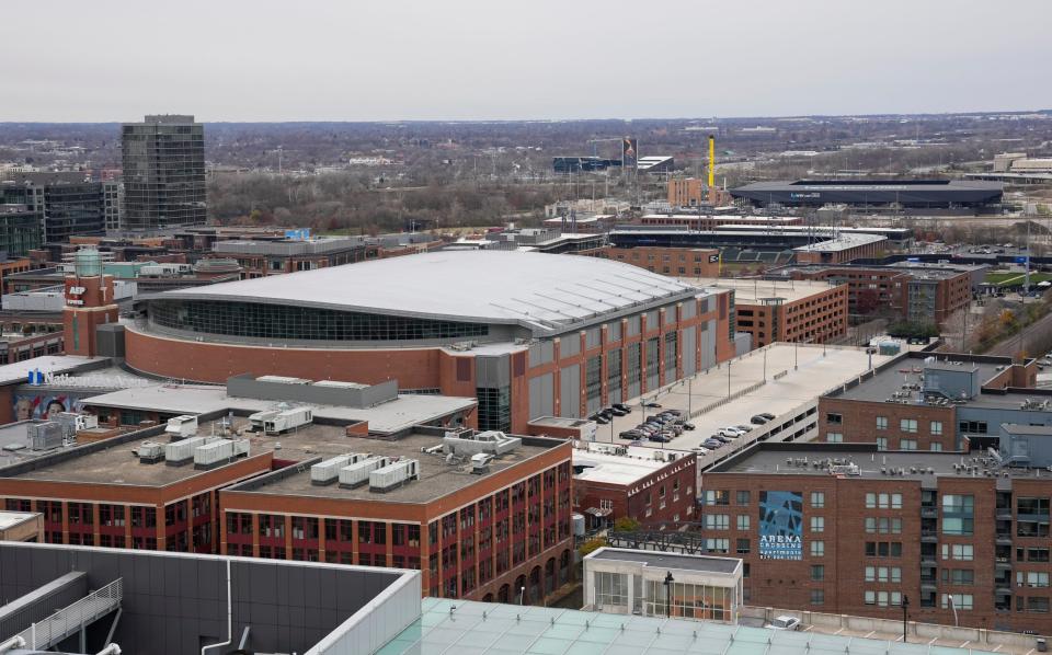 Nationwide Arena, Huntington Park and Lower.com Field can be seen from high atop the Hilton Columbus Downtown's new tower on Tuesday, Dec. 7, 2021.