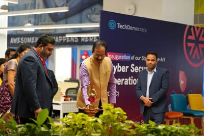 Mr. Sri Patibandla, Dr. Sriram Birudavolu, and Mr. Sushil Madhukar at the launch of TechDemocracy's CSOC in Hyderabad, India