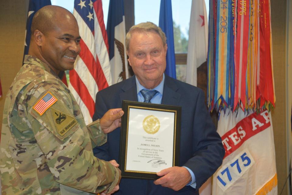 Jim Wilson receives a 60 year Federal Service Award on Sept. 29, 2023 with wife, Anne, by his side.