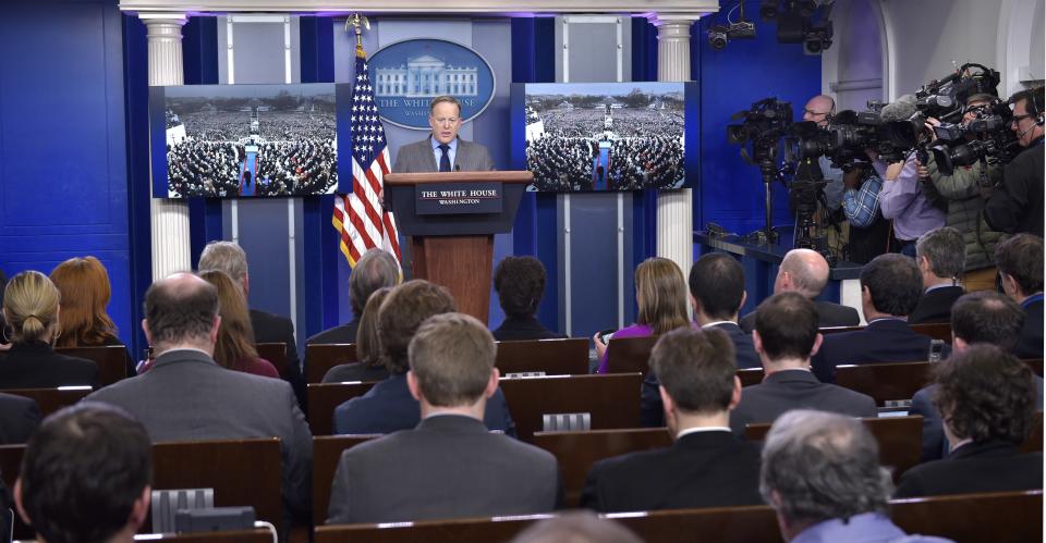 Sean Spicer holding a press briefingAFP/Getty