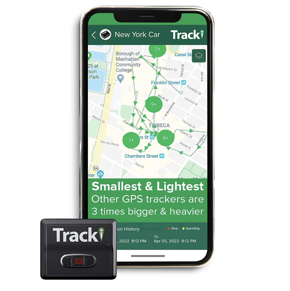 Tracki 2023 Mini GPS Tracker next to smartphone with app (photo via Amazon)