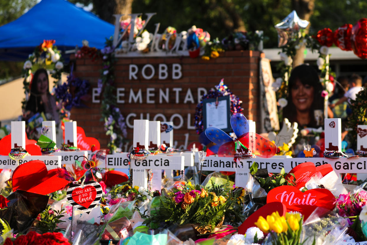 A memorial for the 19 children and two teachers killed in the mass shooting at Robb Elementary School.