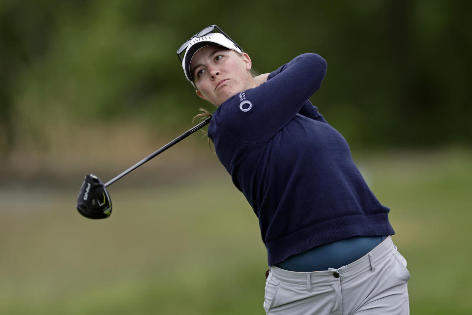 Jennifer Kupcho watches her 18th hole tee shot during the final round of the Mizuho Americas Open golf tournament, Sunday, June 4, 2023, in Jersey City, N.J. (AP Photo/Adam Hunger)