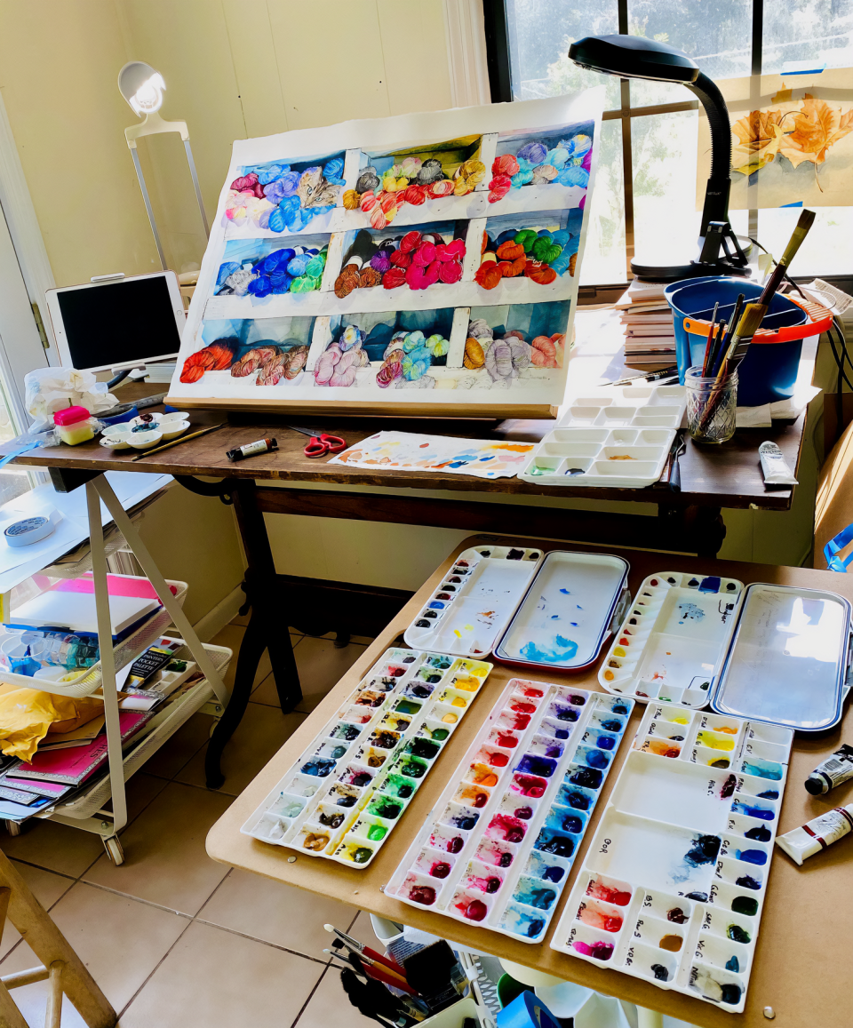 Elena Scibelli's watercolor studio. Her work can be seen at the Tallahassee Watercolor Society's Brush Strokes Members' Exhibition 2023 though Nov. 27.