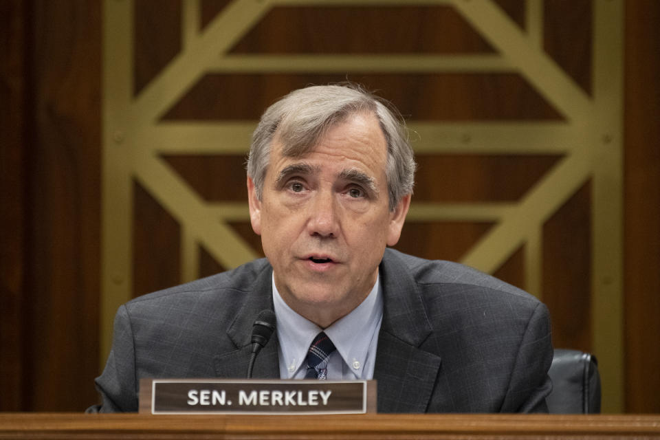 UNITED STATES - June 16: Chairman Jeff Merkley, D-Ore., speaks during the Senate Appropriations Subcommittee on Interior, Environment and Related Agencies hearing on the FY2022 budget estimates for the Interior Department in Washington on Wednesday, June 16, 2021. (Photo by Caroline Brehman/CQ-Roll Call, Inc via Getty Images)
