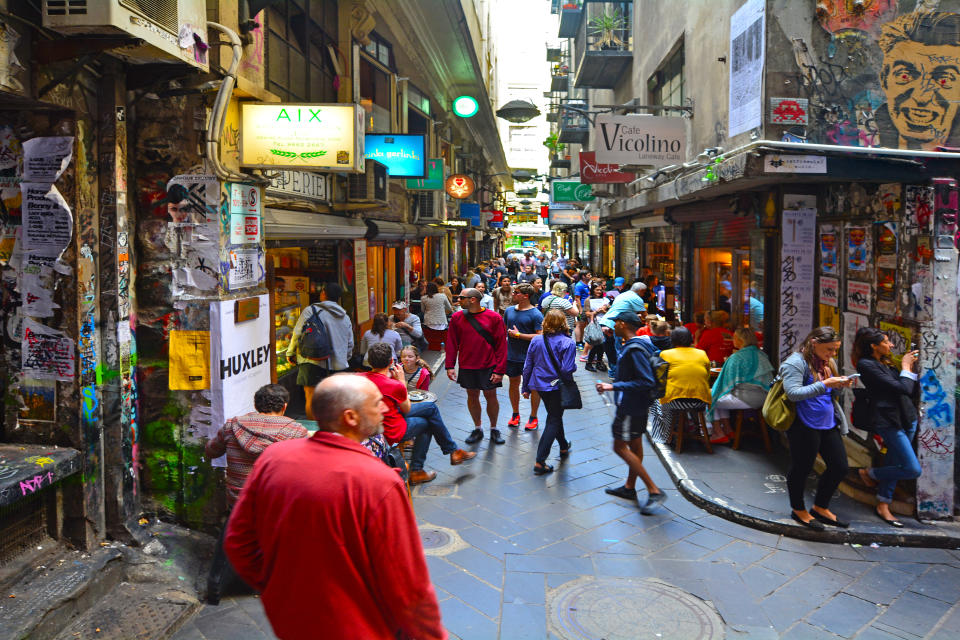 MELBOURNE - APR 13 2014:Pedestrian and dinners at Melbourne cafe and restaurant Centre Place Lane in Melbourne Victoria, Australia. (Photo by: Avalon/Universal Images Group via Getty Images)