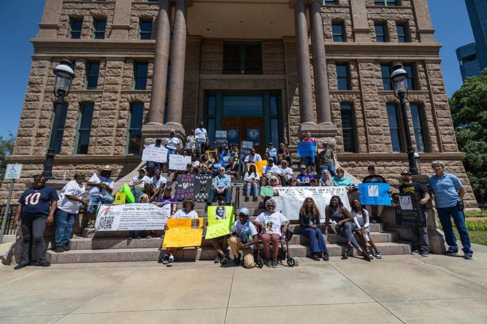 Family members of victims involved in cold cases gather for a cold case rally in front of the Tarrant County Courthouse in downtown Fort Worth on Saturday, April 13, 2024. The Fort Worth Police Department has around 1,000 cold cases unsolved. The rally calls for the city to bring more resources to the departments cold case unit to help solve cases.