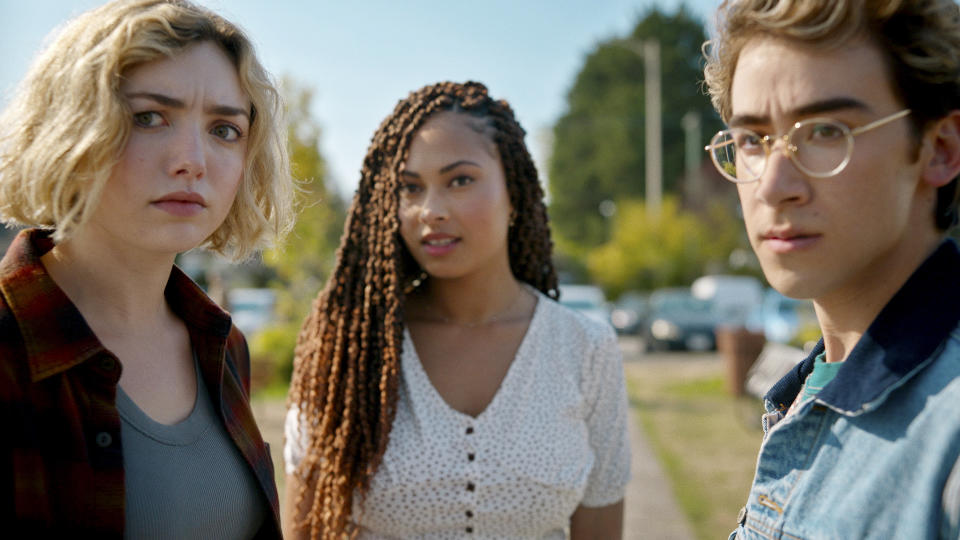 This image released by Paramount+ shows, from left, Peyton List as Maddie, Rainbow Wedell as Claire and Nick Pugliese in a scene from "School Spirits." (Paramount+ via AP)