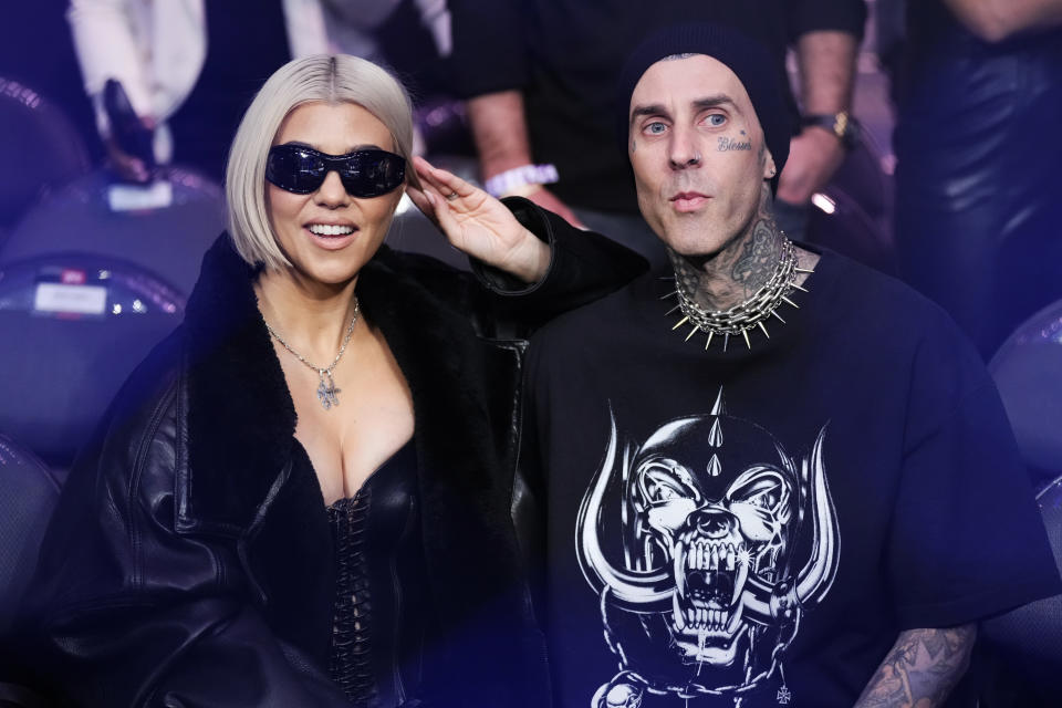 LAS VEGAS, NEVADA - MARCH 04: Kourtney Kardashian and Travis Barker attend the UFC 285 event at T-Mobile Arena on March 04, 2023 in Las Vegas, Nevada. (Photo by Jeff Bottari/Zuffa LLC via Getty Images)