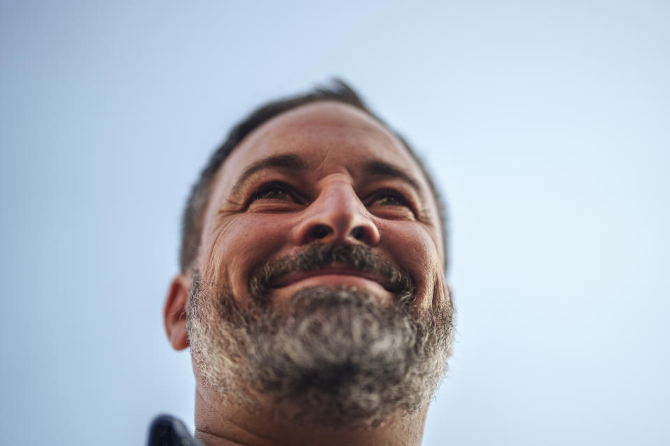 VOX far right party leader Santiago Abascal attends an election campaign event in Guadalajara, Spain, Saturday, July 15, 2023. Spain's elections Sunday will be a battle between two leftist and two rightist parties that are teaming up to form possible coalitions. Abascal likes to style himself as an outsider who has arrived on the mission to save Spain's soul. (AP Photo/Manu Fernandez)