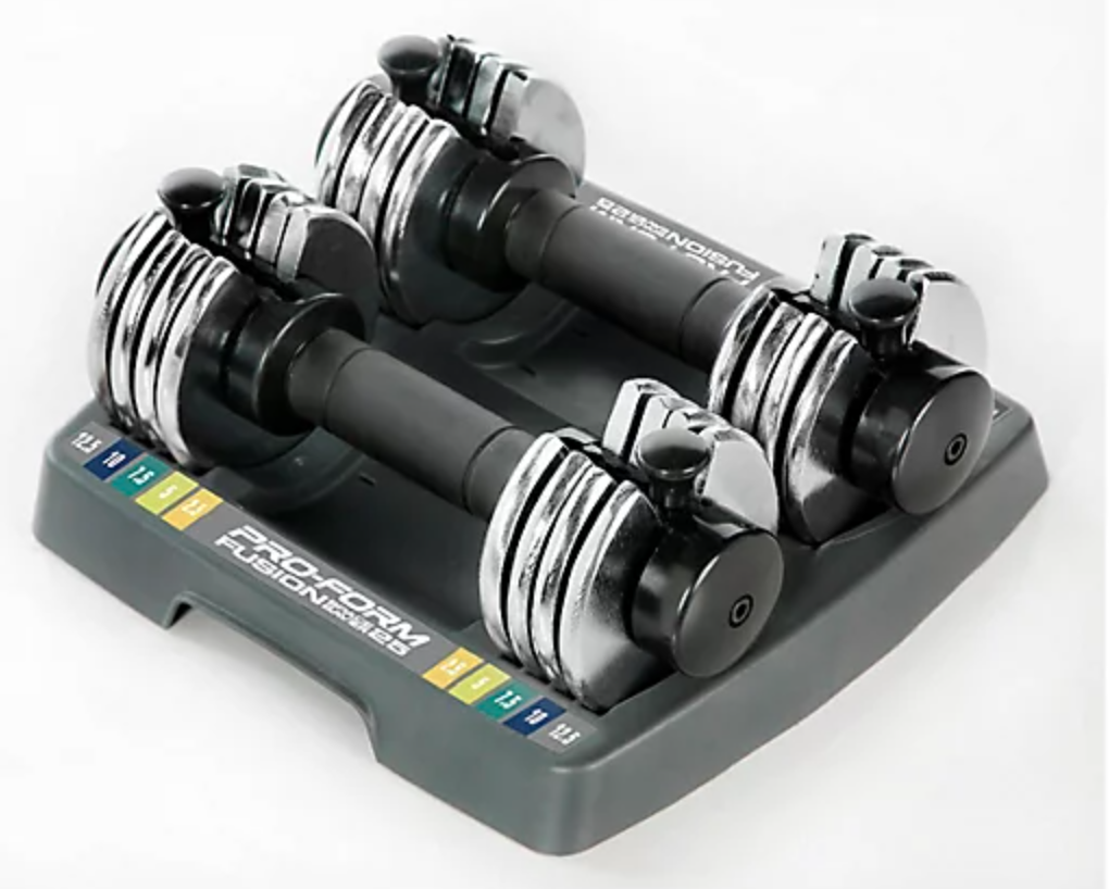 Two dumbells with adjustable weight ends on caddy