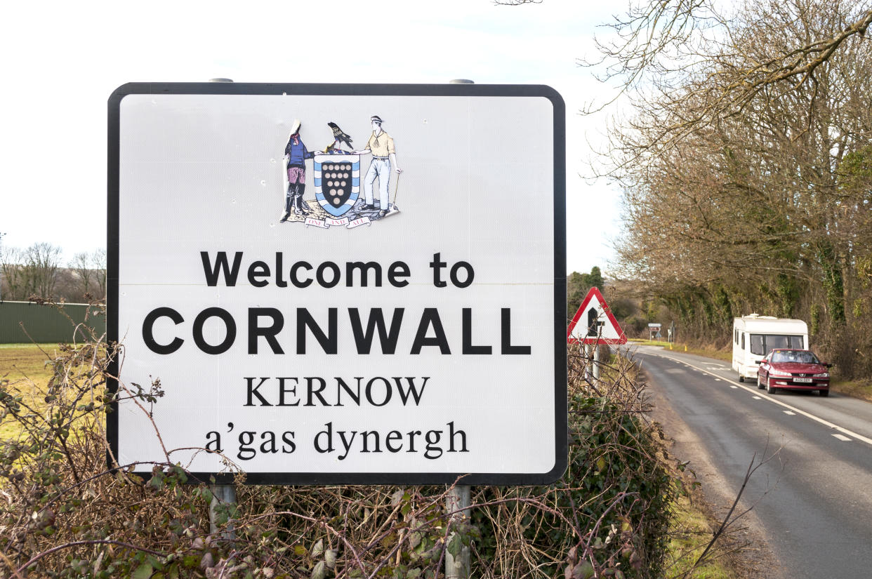 a sign welcoming visitors to the county of cornwall in southwest England, UK. (Photo by: Education Images/Universal Images Group via Getty Images)